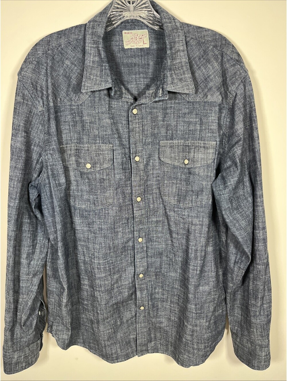 Lucky Brand Mens L Chambray Denim Pearl Snap Western Shirt Blue Long Sleeve